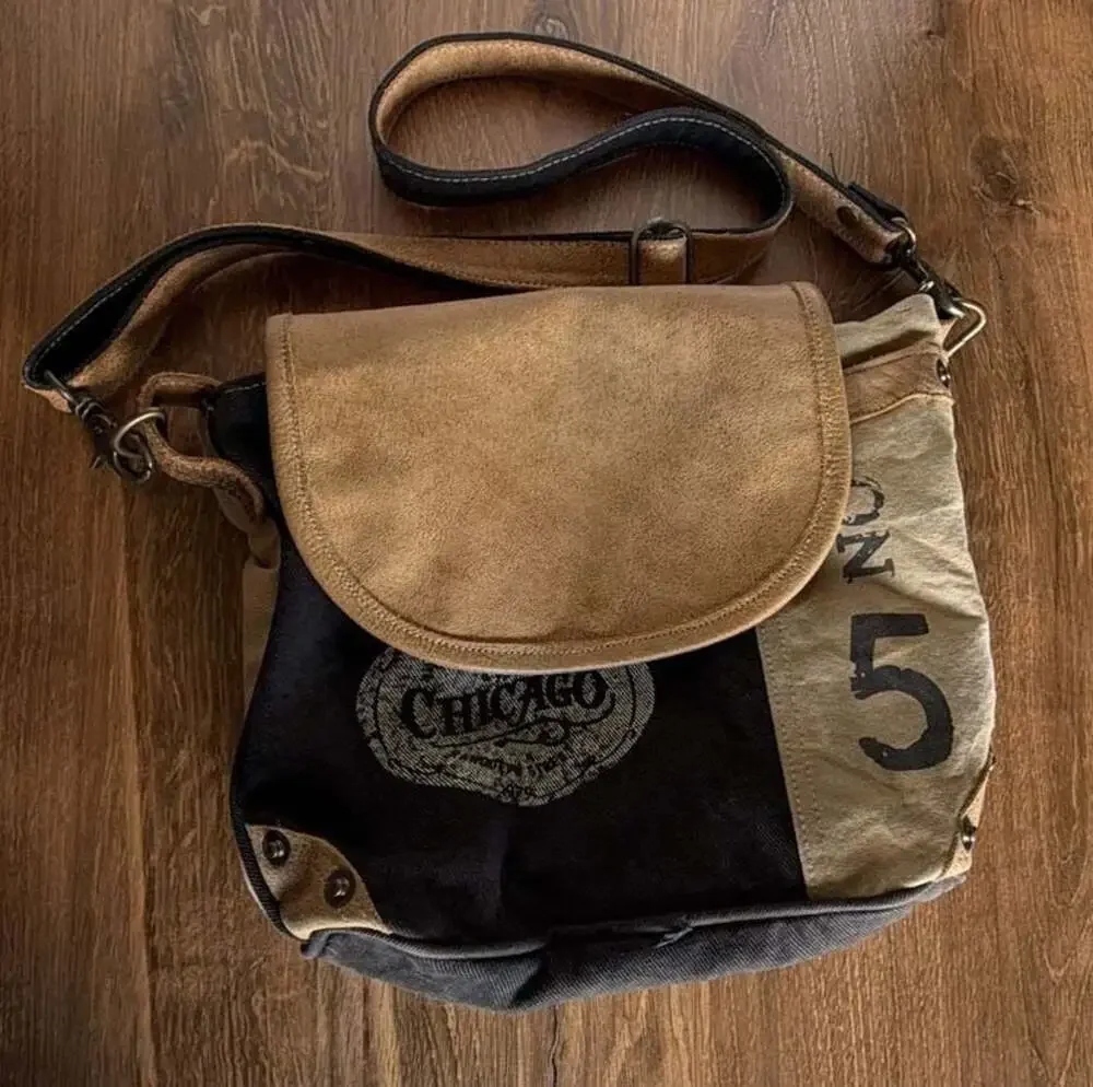 Myra Bag The Chicago Upcycled Canvas and Leather Messenger Shoulder Bag